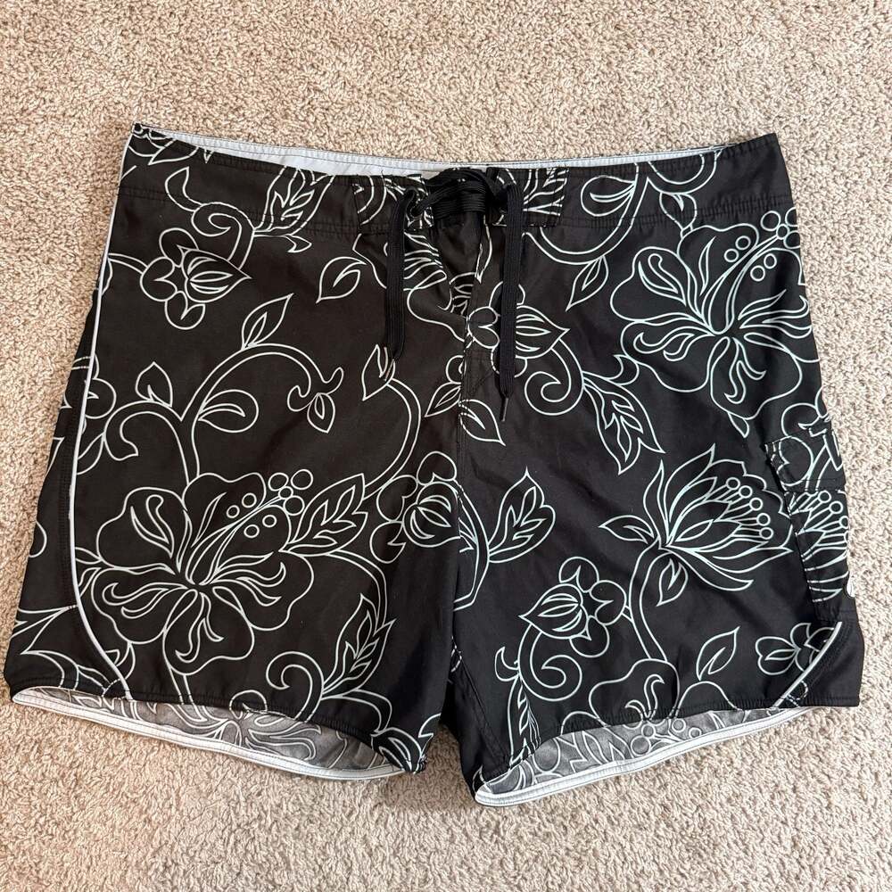 Quiksilver Edition Board Shorts Mens 42 Black Floral Surf Swim Trunks Cargo